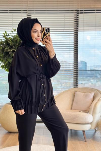 20764 Eteği Pile Dikişli Yakasız Düğmeli Takım Siyah