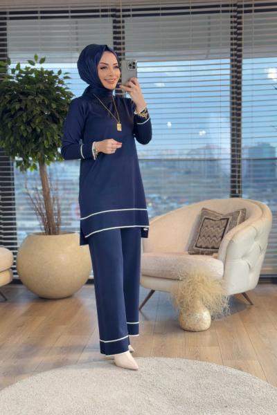 21-2006 Etek Kol Ve Paça Biye Detaylı Triko Takım Lacivert