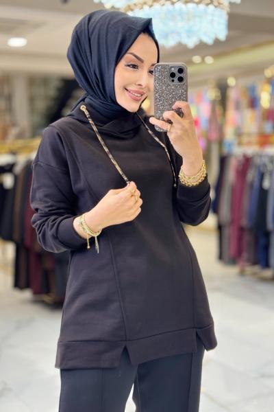 2135 Arkası Desenli Yıldızlı Kapşonlu Tunik Siyah