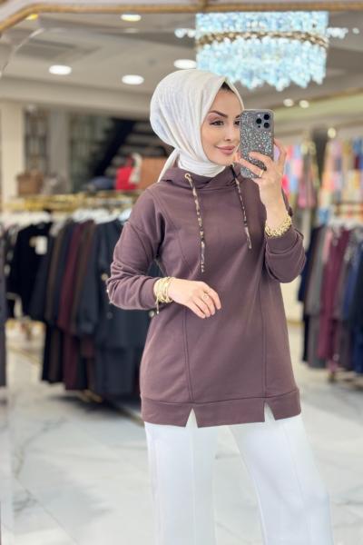2135 Arkası Desenli Yıldızlı Kapşonlu Tunik Kahve
