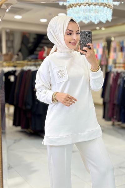 2136 Kolları Düğmeli Cebi Taş Baskılı Tunik Ekru