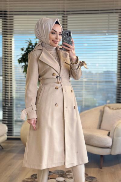 2141 Kaşe Altı Düğmeli Uzun Kaban Bej