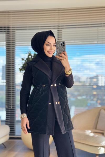 2190 Kapitone Kaşe Detaylı Yelek Siyah