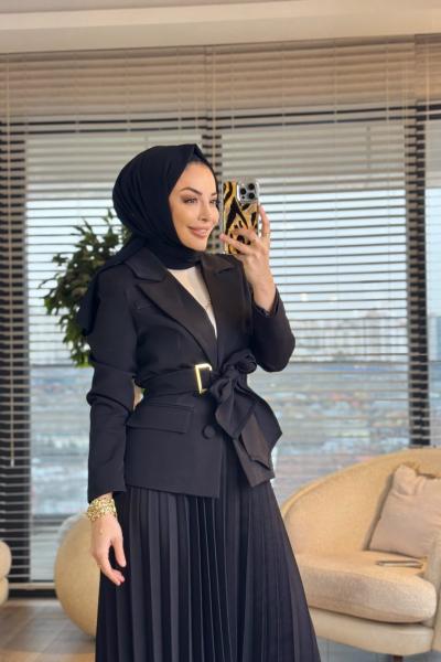 2194-1 İki Düğme Ceket Pilise Etekli Takım Siyah