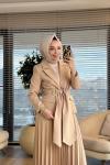 2194-1 İki Düğme Ceket Pilise Etekli Takım Bej