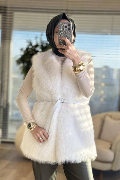 2205 Peluş Kemerli Yelek Ekru
