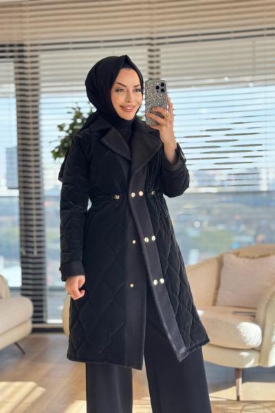 2208-1 Kapitone Kaşe Garnili Uzun Kaban Siyah