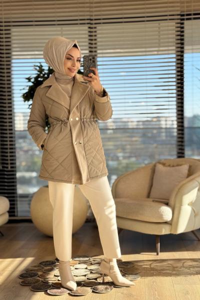 2208 Kapitone Kaşe Garnili Kaban Bej