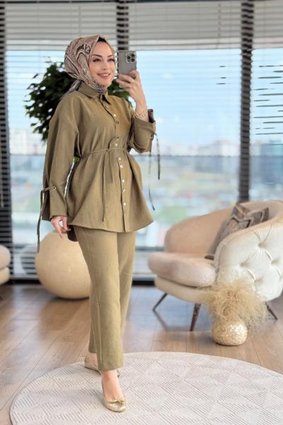 22678 Kolları Bağcıklı Ön Metal Düğmeli Takım Haki
