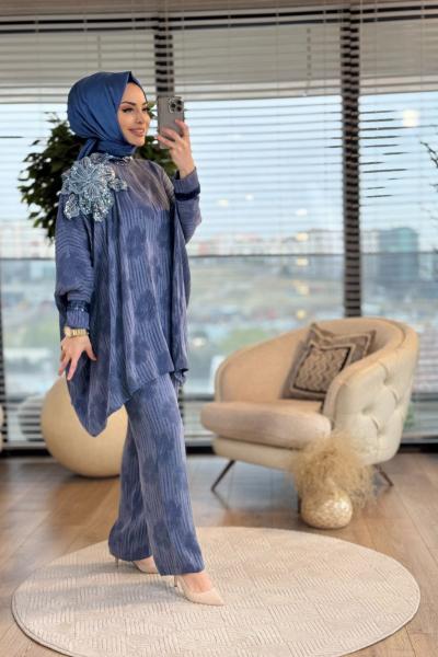 2272 Büyük Çiçek Broşlu Takım İndigo