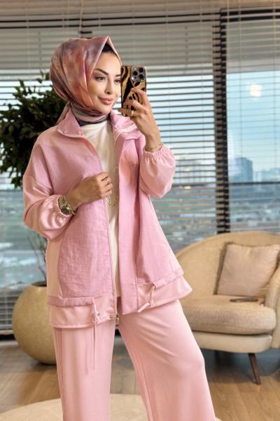 22850 Ön Üçgen Parçalı Fermuarlı Takım Pembe