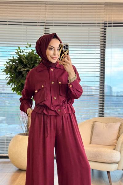 22879 Keten Omuz Apoletli Ön Cepli Takım Bordo