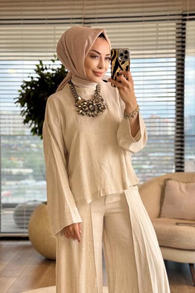 22880 Keten Ön Kısa Arka Uzun Tunik Takım Bej