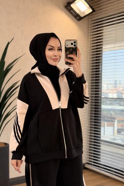 22953 Kolları Kadife Şerit Detaylı Takım Siyah