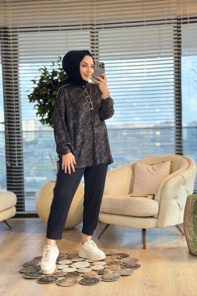 2356 Üst Varak Baskılı Triko Pantolon Takım Siyah