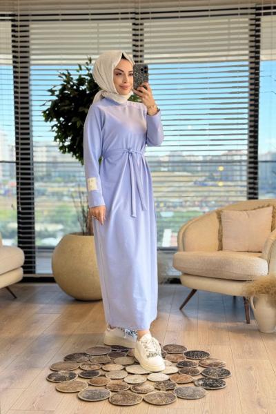 2400 Kolu Etiket Detaylı Elbise Bebe Mavi