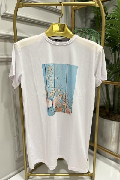 24001-19 Önü Midye Desen Bluz Beyaz