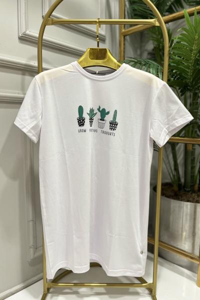 24001-27 Önü 4 Adet Kaktüs Desenli Bluz Beyaz