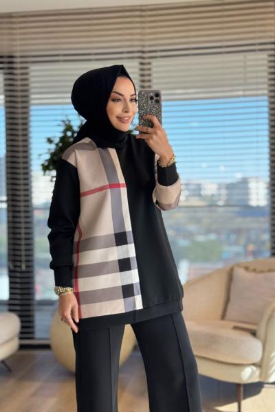 24061 Sol Taraf Kare Desenli Tunik Siyah