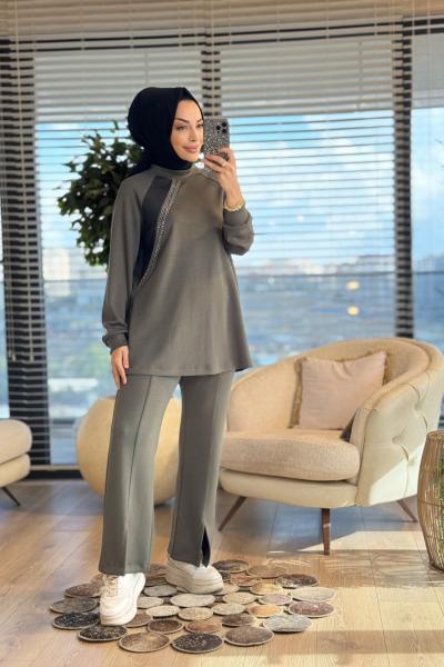 2425 Ön File Ve Taş Detaylı Takım Haki