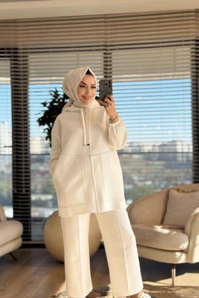 24250 Ön Dikiş Detaylı Ferm.Kapşonlu Tunik Ekru