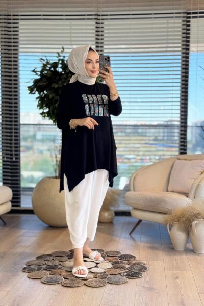 24277 Önü Taş Yazılı Tunik Siyah