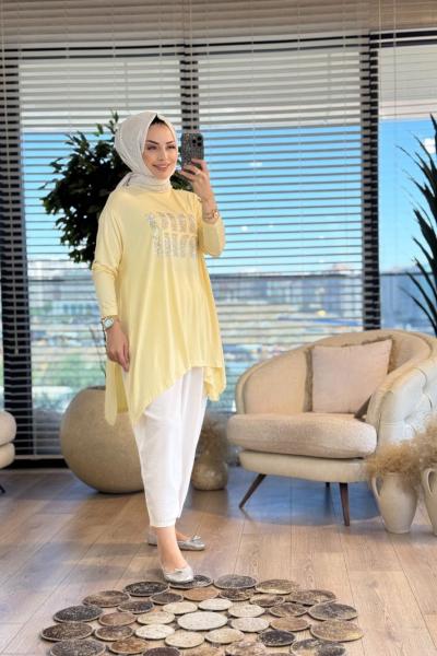 24277 Önü Taş Yazılı Tunik Sarı