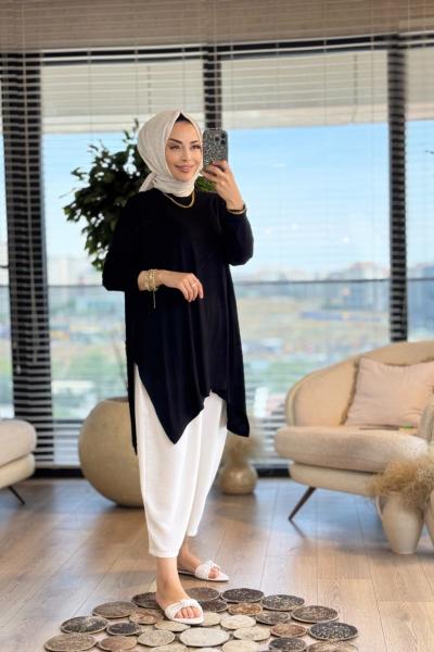 24278 Yanları Yırtmaçlı Penye Tunik Siyah