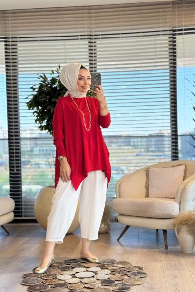 24278 Yanları Yırtmaçlı Penye Tunik Kırmızı