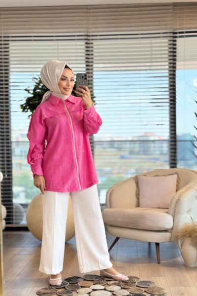 24331 Batik Omuz Parçalı Ön Fermuarlı Kap Fuşya