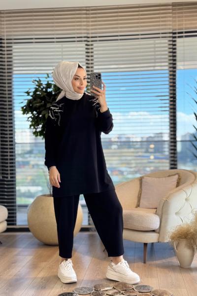24364 Omuzları Boncuk işli Tunik Siyah