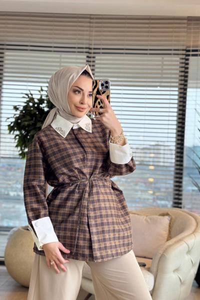 24397-5 Kareli Yakası Taş İşlemeli Gömlek Haki