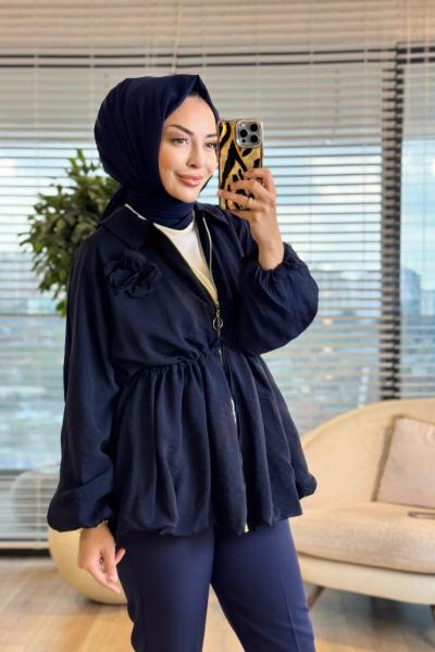 24424 Bebe Yaka Bel Bağcıklı Fermuarlı Kap Lacivert