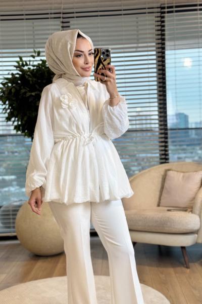 24424 Bebe Yaka Bel Bağcıklı Fermuarlı Kap Ekru