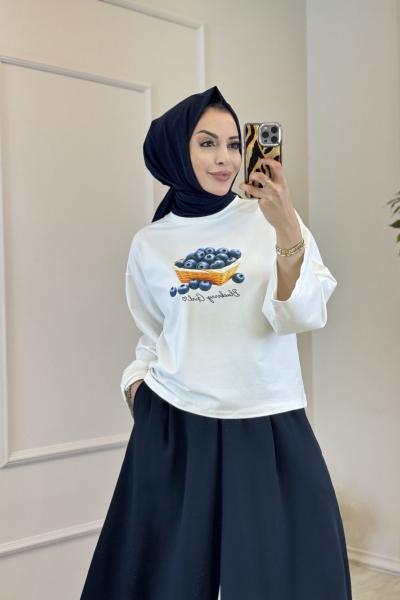 24446 Önü Yaban Mersini Desenli Bluz Ekru