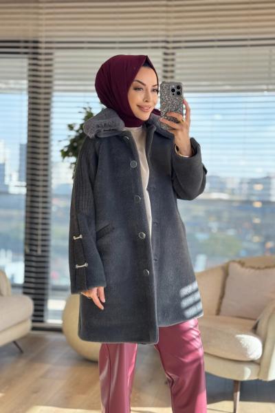 2461 Kolları Trikolu Peluş Kaban Antrasit