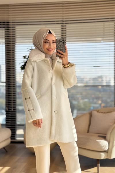2461 Kolları Trikolu Peluş Kaban Ekru