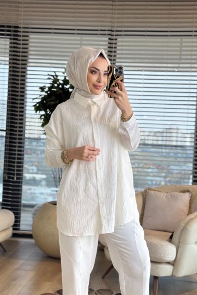 2490 Kendinden Desenli Gömlek Ekru