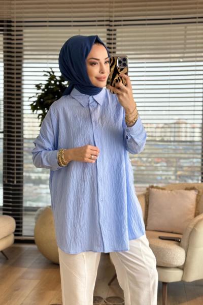 2490 Kendinden Desenli Gömlek Bebe Mavi