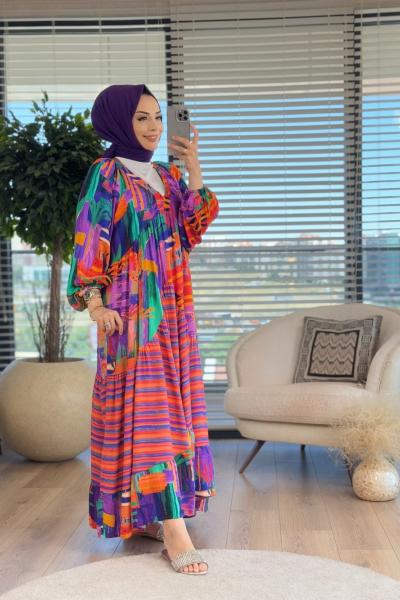 24EL045 Desenli V Yaka Elbise Mor