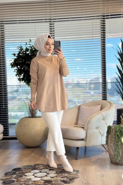 25004 Eteği Oval Sıfır Yaka Triko Tunik Toprak