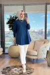 25004 Eteği Oval Sıfır Yaka Triko Tunik İndigo