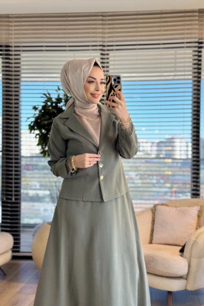 250359 Dantel İşlemeli Modern Takım Haki