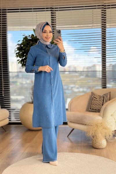 2506 Tencel Önü Serpme Taşlı Tunik Mavi