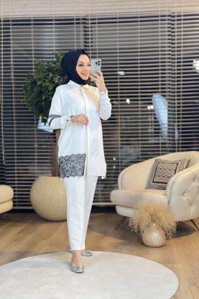 2508 Kol Ve Etek Ucu Dantelli Gömlek Ekru