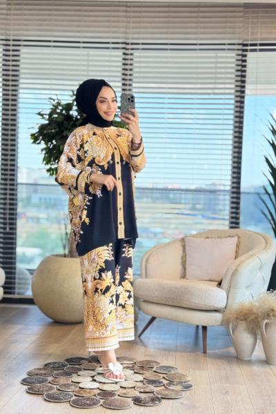 25100 Motif Desenli Takım Siyah Sarı