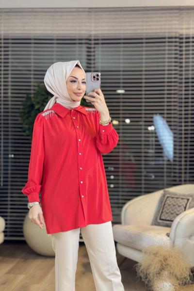 2511 Omuzları Taş Ve Zincir Detaylı Gömlek Mercan