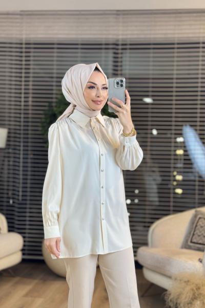 2511 Omuzları Taş Ve Zincir Detaylı Gömlek Ekru