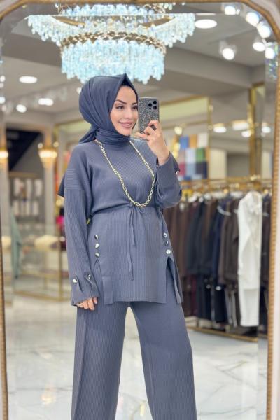 25111 Yırtmacı Düğmeli Triko Pantolonlu Takım Antrasit