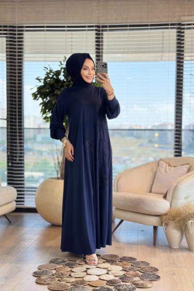 25116 Önü Çiçek Nakışlı Elbise Lacivert